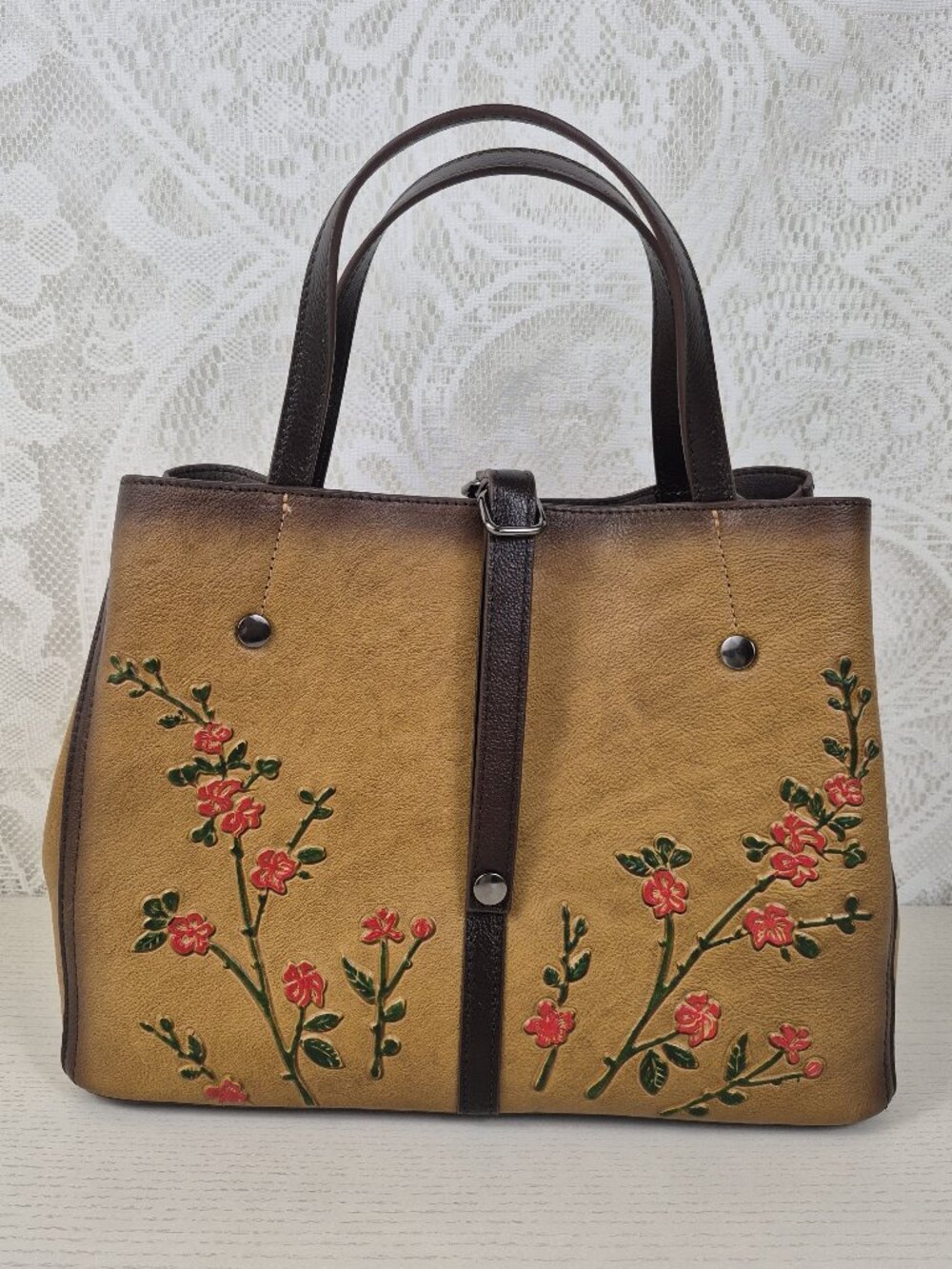 Hand-Embossed Floral Cowhide Bag/Top Handle and Removable Crossbody Strap - Red